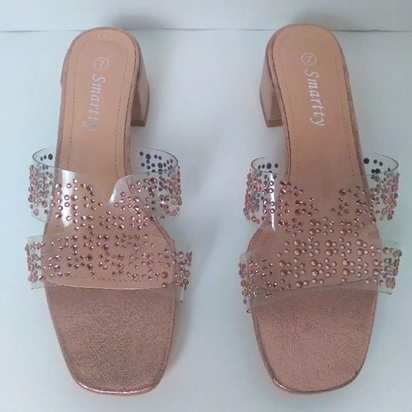 Rose Gold Champagne Sparkle Cut Out Side Open Toe Slide On Sandals-Size 7 NWT HP - Picture 6 of 8